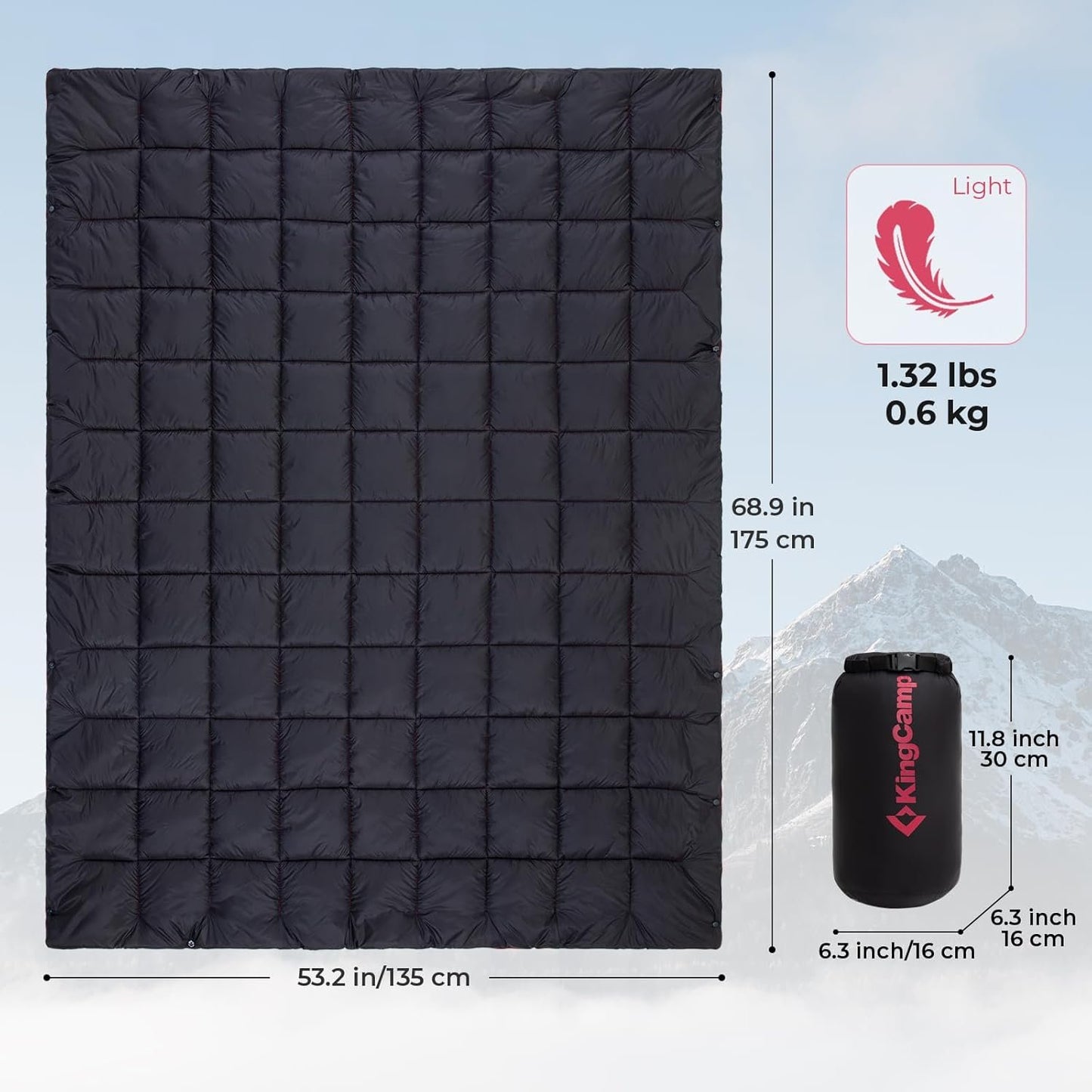 KingCamp Black Packable Lightweight Travel Down Alternative Warm Camping Blanket, Compact Outdoor Water Repellent Blanket for Airplane, Hiking, Backpacking, Stadium, Park