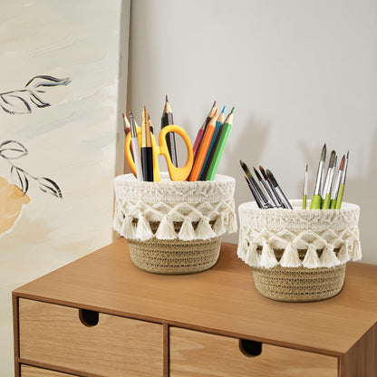 2 Pieces Boho Cosmetic Brush Holder 10 x 10 cm Woven Storage Baskets Organizer for Makeup Brushes Pen Brush Makeup Brushes Makeup Organizer Cosmetic Organizer