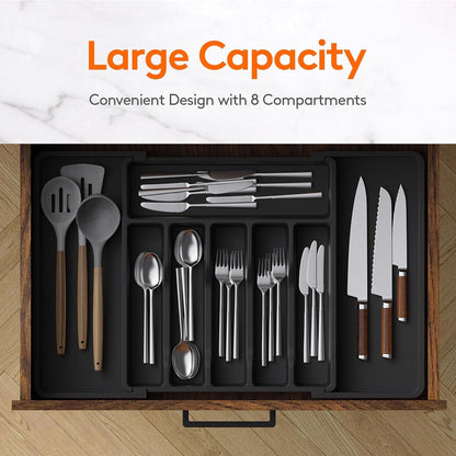 Lifewit Large Cutlery Organizer, Expandable Utensil Drawer Organizer for Kitchen, Utensil Holder, Adjustable Cutlery Tray Drawer Organizer for Spoon Forks Knives, Kitchen Organizers and Storage, Black