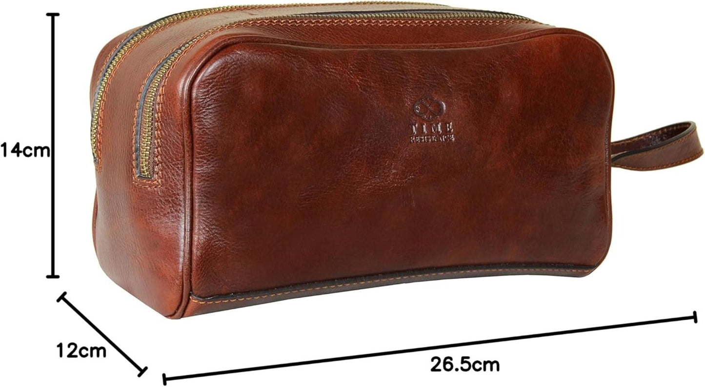 Time Resistance Leather Toiletry Bag - Dopp Bag Skincare Bag - Italian Cosmetic Bag (Brown)