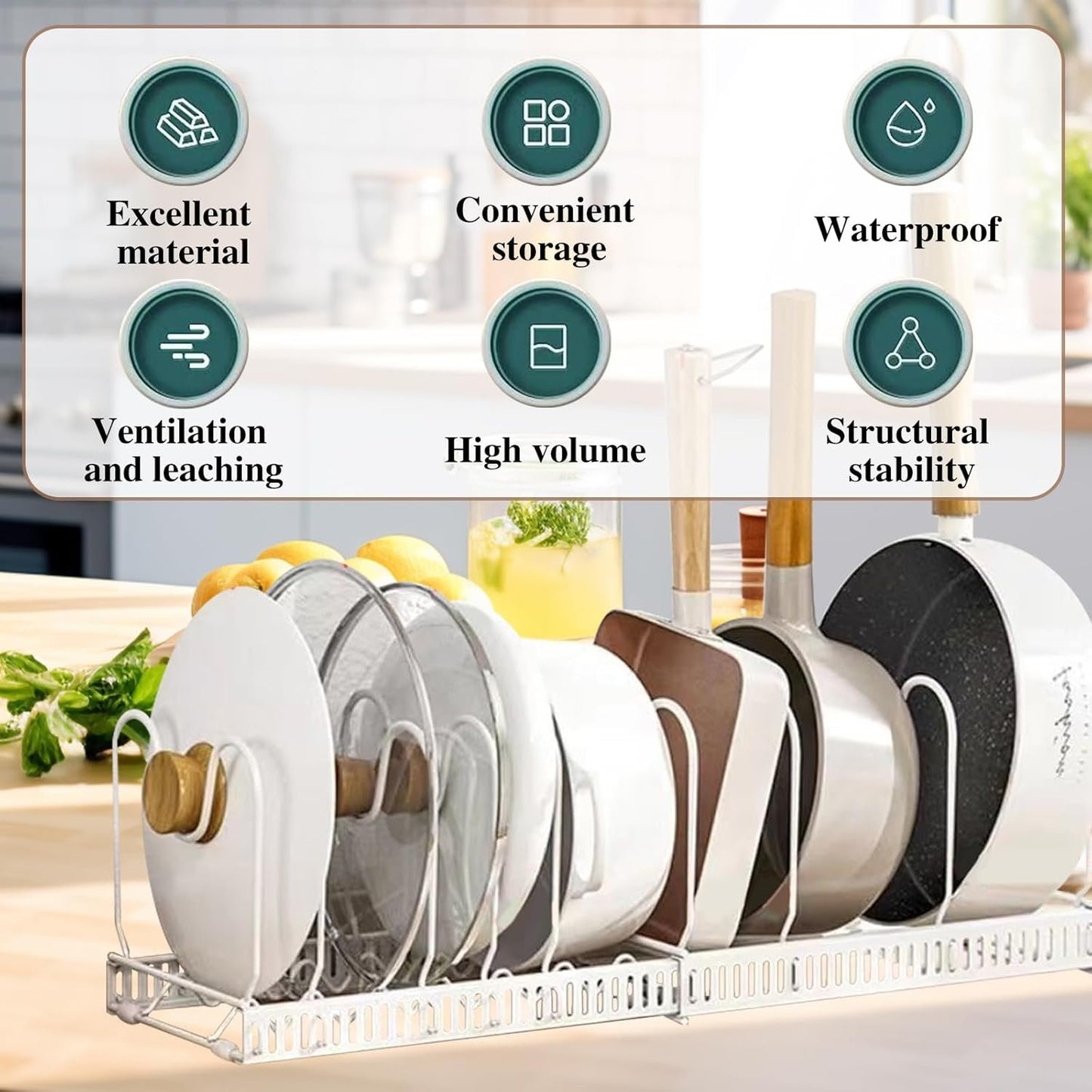 YYBD Pots and Pans Organizer Expandable Pot Rack Organizer Holder with 10 Adjustable Compartment Kitchen Cabinet Cookware Storage Rack for Cutting Board Cast-iron Pan Baking Frying Bakeware, White