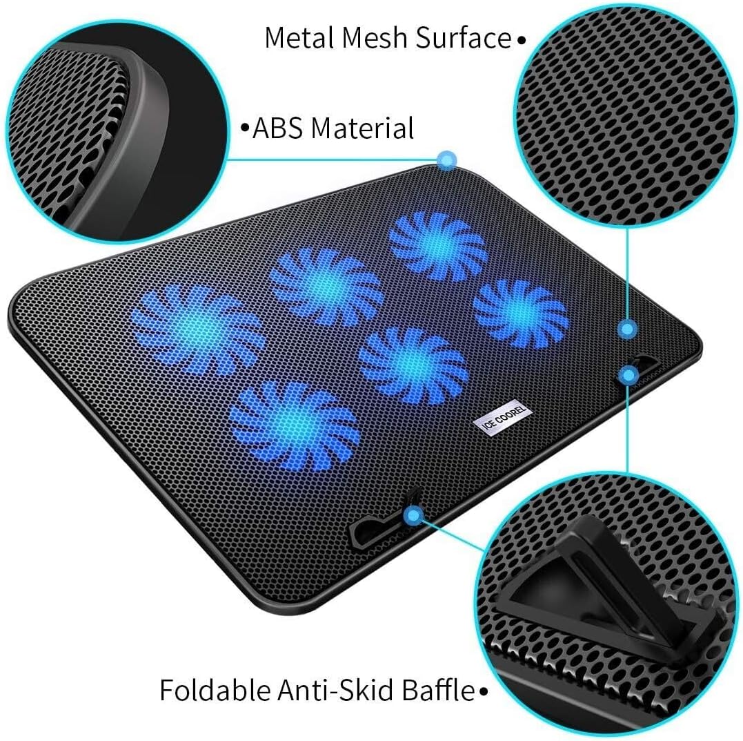 EverTech Laptop Cooler A9 Cooling Pad with 6 Powerful Quiet Fans Adjustable Heights Table Stand Suitable for 12"-17" Laptop with Blue LED Lights