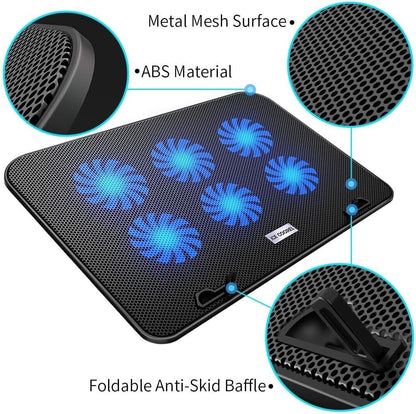 EverTech Laptop Cooler A9 Cooling Pad with 6 Powerful Quiet Fans Adjustable Heights Table Stand Suitable for 12"-17" Laptop with Blue LED Lights