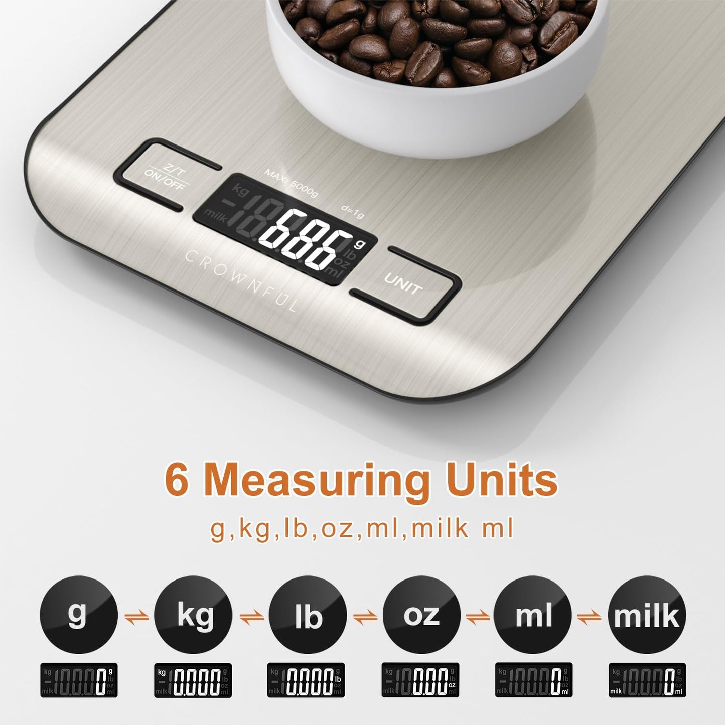 CROWNFUL Food Scale, 11lb Digital Kitchen Scales with Built-in Coin Battery, Weight Ounces and Grams for Cooking and Baking, 6 Units with Tare Function