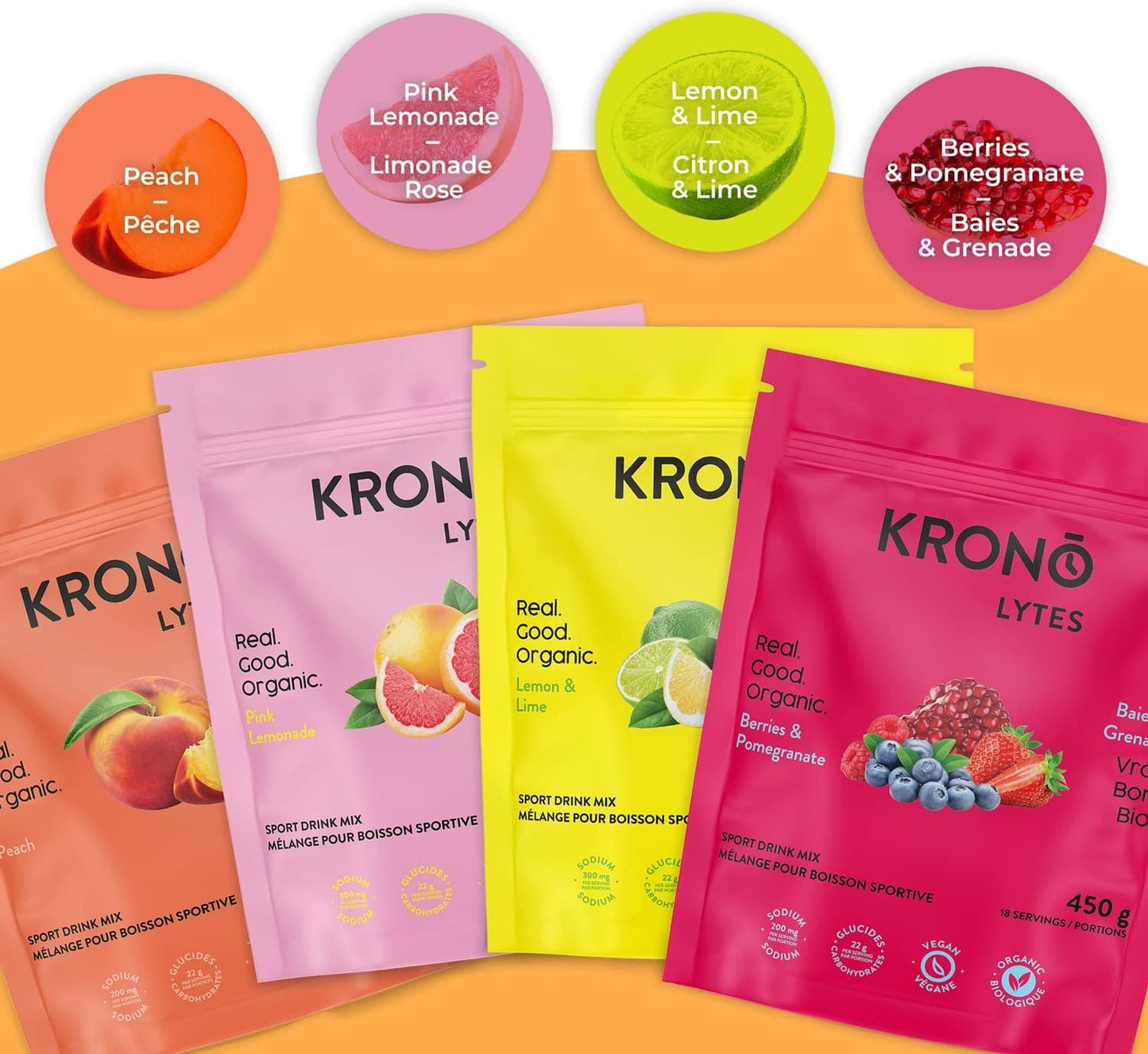 Krono Nutrition Sport Hydration drink mix – Energy & Electrolytes powder for Sports Performance - Vegan, Gluten Free, Organic – 18 servings (Peach)