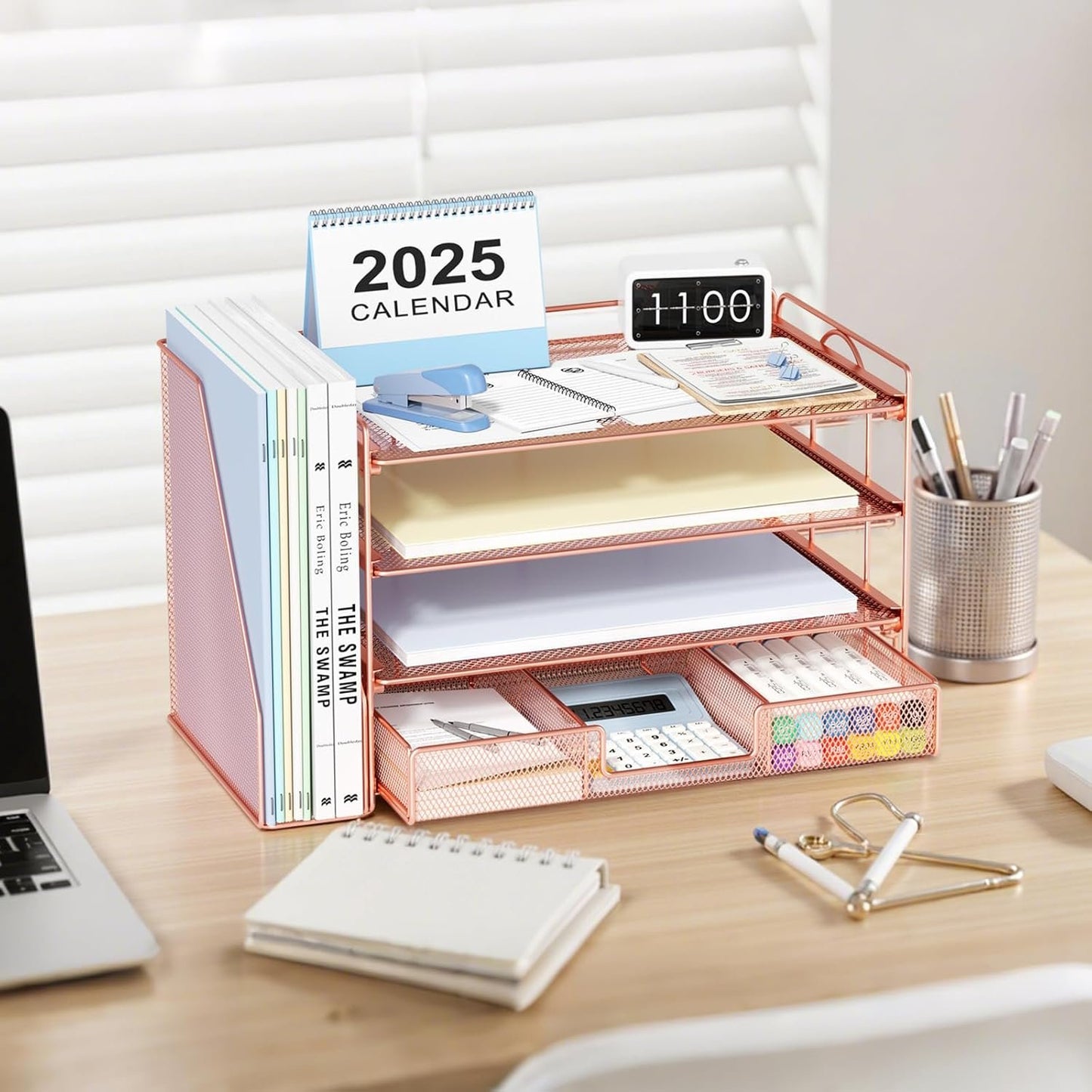 OPNICE Desk Organizers and Accessories, 4-Tier Paper Letter Tray Organizer with Removable File Holder + Drawer, Office Desktop Workspace File Organizer for Office Supplies Desk Accessories (Rose Gold)
