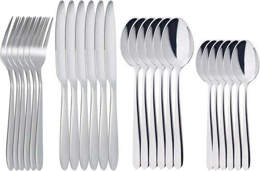 RETON 24 Piece Silverware Set, Stainless Steel Flatware Set Include Knife Fork Spoon Set, Mirror Polished Cutlery Set Service for 6, Tableware Utensil Set for Home Party Restaurant (Sliver)
