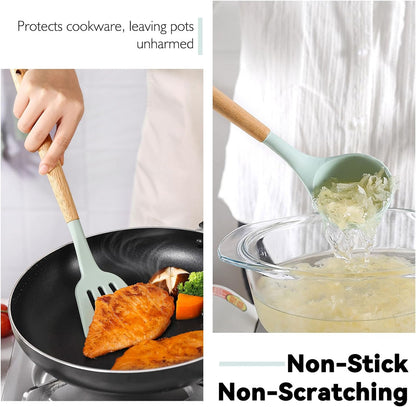 Camkinger Silicone Camping Cooking Utensils Set - 12Pcs Green Kitchen Cookware Set, Outdoor Camper Accessories with Portable Hand Bag, RV Must Haves Gear for Travel BBQ, for Camper