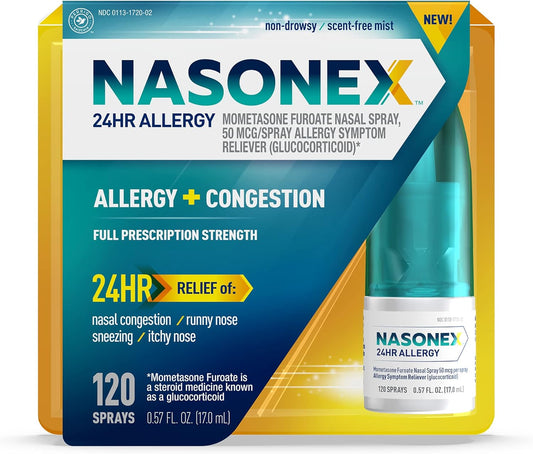 Nasonex 24HR Allergy Nasal Spray, Allergy + Congestion, Non-Drowsy Relief in Full Prescription Strength, 120 Spray