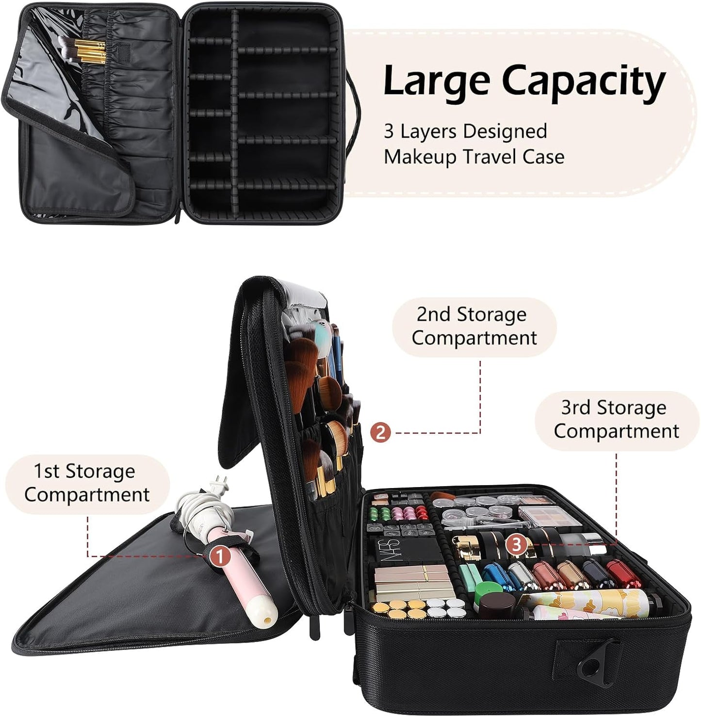 GZCZ 3 Layers Large Capacity Travel Professional Makeup Train Case Cosmetic Brush Organizer Portable Artist Storage bag 16.5 inches with Adjustable Dividers and shoulder strap for Make up Accessories