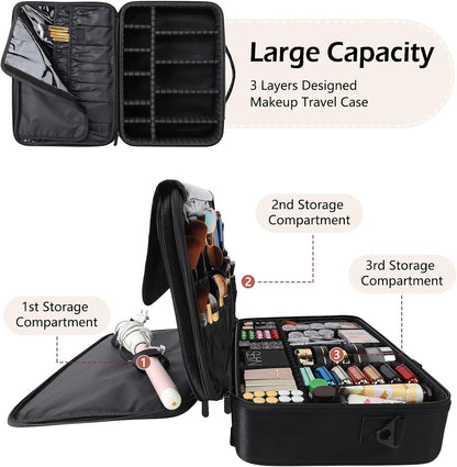 GZCZ 3 Layers Large Capacity Travel Professional Makeup Train Case Cosmetic Brush Organizer Portable Artist Storage bag 16.5 inches with Adjustable Dividers and shoulder strap for Make up Accessories