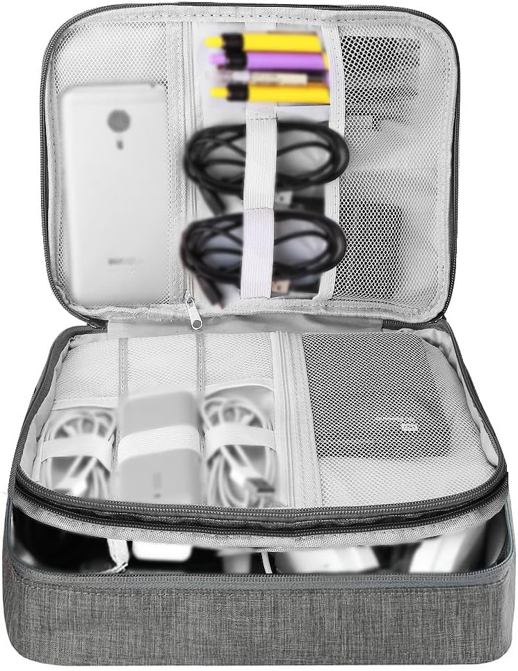 HCFGS Large Travel Cables Organizer Three Layers Waterproof Shockproof Cable Bag for Camera, iPad, USB Cable, SD Cards, Chargers, Hard Disk (Grey)