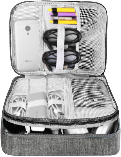 HCFGS Large Travel Cables Organizer Three Layers Waterproof Shockproof Cable Bag for Camera, iPad, USB Cable, SD Cards, Chargers, Hard Disk (Grey)