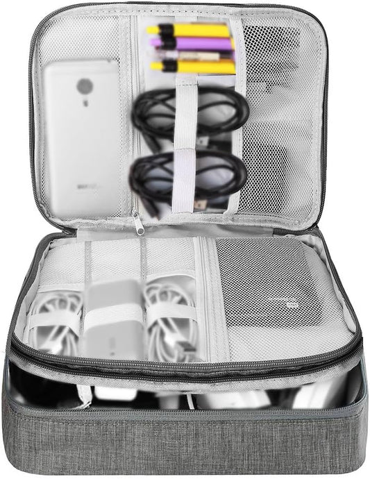 HCFGS Large Travel Cables Organizer Three Layers Waterproof Shockproof Cable Bag for Camera, iPad, USB Cable, SD Cards, Chargers, Hard Disk (Grey)