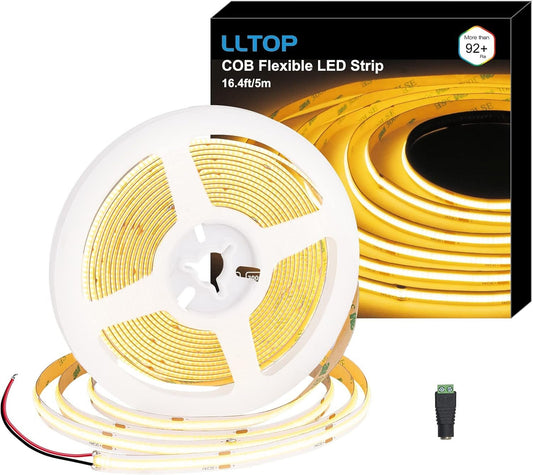 LLTOP COB LED Strip Lights Warm White 3000K, DC24v 16.4ft/5m High CRI 92Ra+ Flexible LED Tape Lighting DIY Cuttable for Bedroom Kitchen Cabinet Shelf (Power Supply&Dimmer Not Included)
