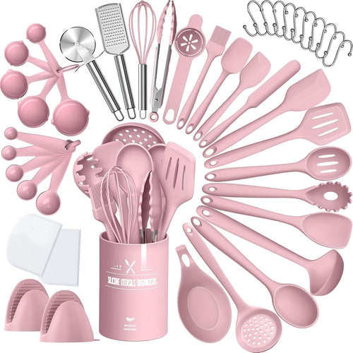Silicone Cooking Kitchen Utensil Set, AIKKIL 43 Pcs Heat Resistant Cooking Utensils Set, Turner, Tongs, Spoon, Spatula, Kitchen Gadgets Tools Set for Nonstick Cookware, Pink(Dishwasher, BPA Free)