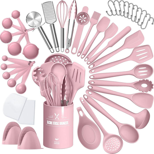 Silicone Cooking Kitchen Utensil Set, AIKKIL 43 Pcs Heat Resistant Cooking Utensils Set, Turner, Tongs, Spoon, Spatula, Kitchen Gadgets Tools Set for Nonstick Cookware, Pink(Dishwasher, BPA Free)