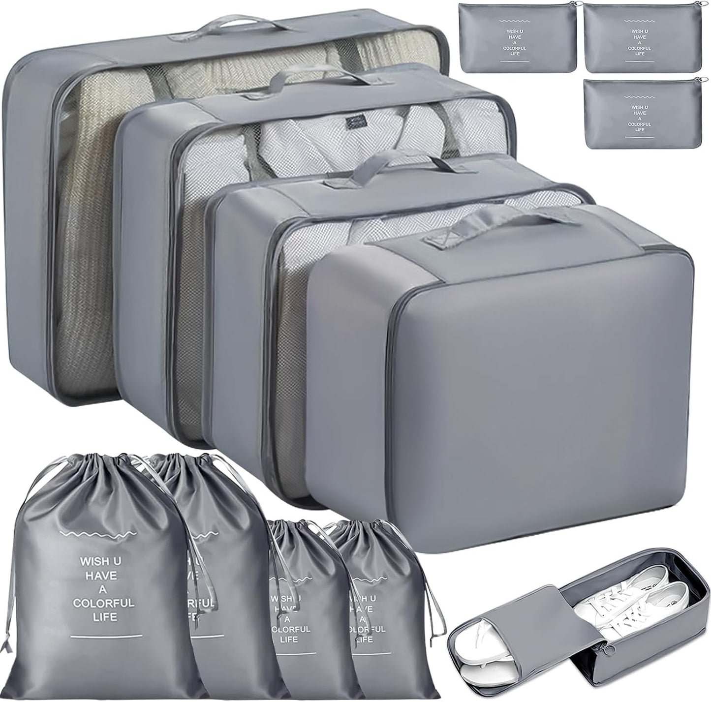 MOOING 12 Pieces Travel Suitcase Organizer Set, Travel Cube System, Separators for Travel, Travel Organizer, Packing Cubes, Storage Case Set for Clothes, Shoes, Underwear (Grey)