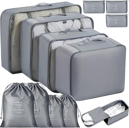 MOOING 12 Pieces Travel Suitcase Organizer Set, Travel Cube System, Separators for Travel, Travel Organizer, Packing Cubes, Storage Case Set for Clothes, Shoes, Underwear (Grey)
