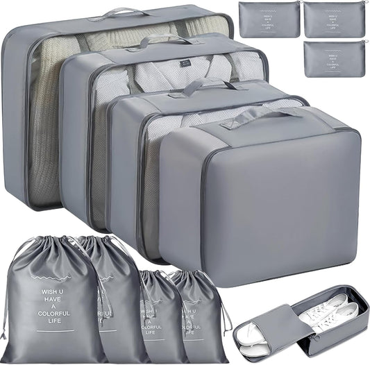 MOOING 12 Pieces Travel Suitcase Organizer Set, Travel Cube System, Separators for Travel, Travel Organizer, Packing Cubes, Storage Case Set for Clothes, Shoes, Underwear (Grey)