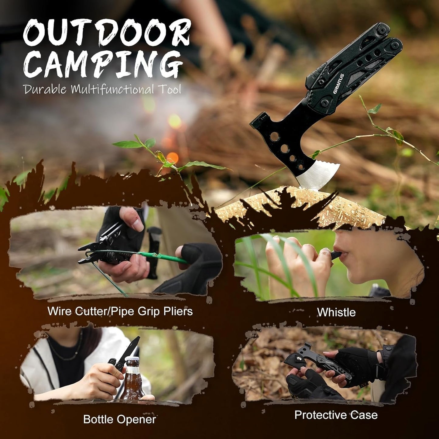 Camping Multitool Accessories Gifts for Men Dad 16 in 1 Upgraded Multi Tool Survival Gear with Axe Hammer Pliers Saw Screwdrivers Bottle Opener Whistle & Portable Sheath for Hiking,Fishing