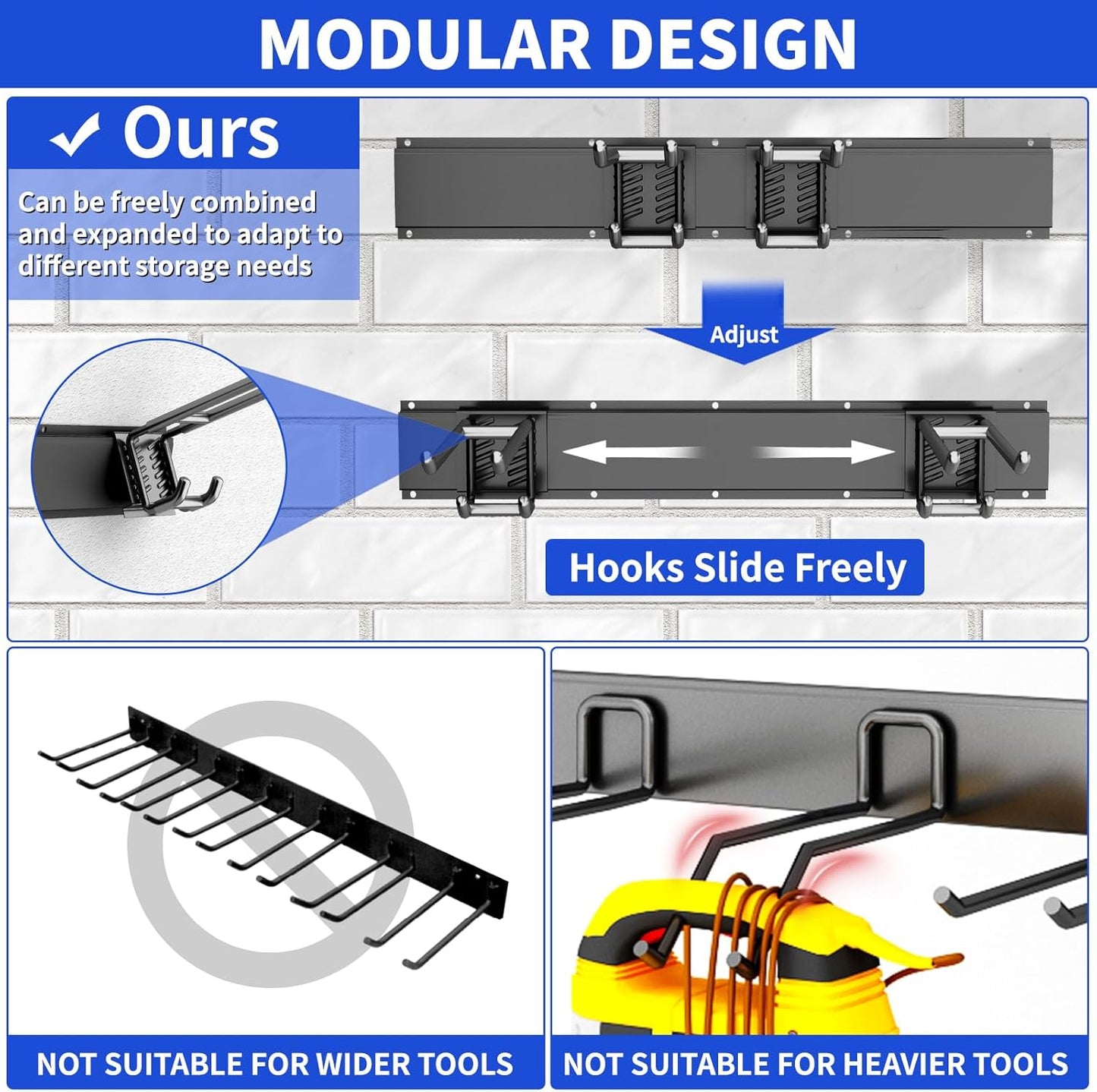 Garage Organization Tool Organizer Wall Mount, 32inch Heavy Duty Garden Tool Storage System, Easy Install With 6 Adjustable Hooks, For Home, Garage, Outdoor, Workshops (Black)