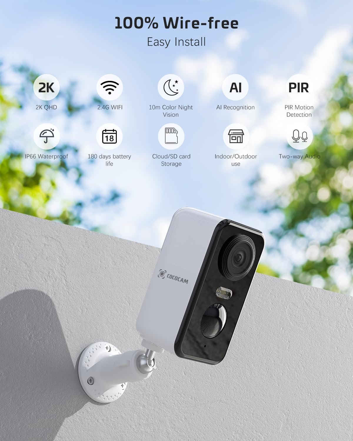2K Security Camera Outdoor Wireless Battery Powered, CCTV Camera Systems WiFi Indoor Camera Home Security with AI Recognition PIR Motion Detection Color Night Vision 2-Way Audio (1, Black)