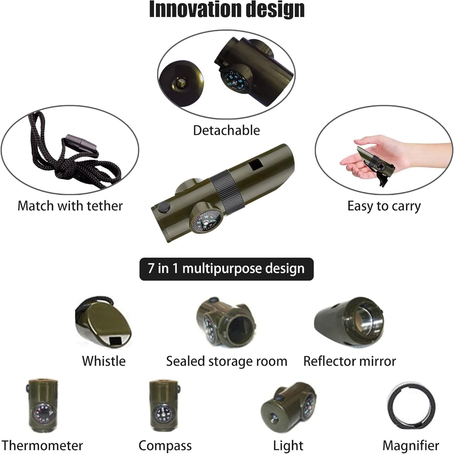 Emergency Survival Whistle,Multifunctional Outdoor Tools,Loud Safety Signaling,Compass/Thermometer/Light/Magnifier/Reflector Mirror/Storage Room/Lanyard,Expedition/Exploration/Hiking/Camping/Climbing