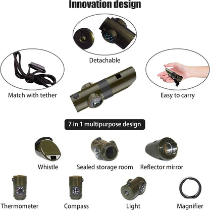Emergency Survival Whistle,Multifunctional Outdoor Tools,Loud Safety Signaling,Compass/Thermometer/Light/Magnifier/Reflector Mirror/Storage Room/Lanyard,Expedition/Exploration/Hiking/Camping/Climbing