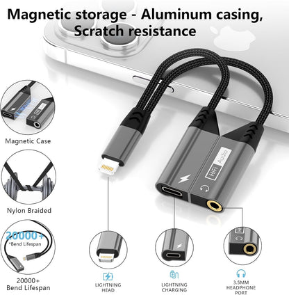 Magnetic Lightning to 3.5mm Audio Jack & Charging Adapter 2-in-1 Dual Port iPhone Dongle for Phone 14/13/12/11/X/8,iPhone Headphone Converter Splitter Fast Charge & Lossless Audio Sync