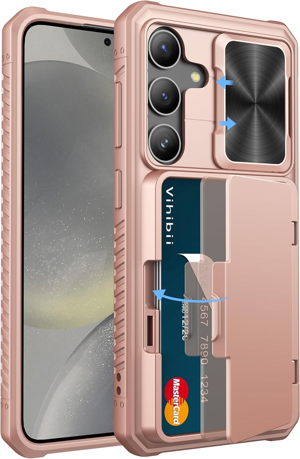 Vihibii for Samsung Galaxy S24 Case with Slide Camera Protection Cover, Built-in Card Holder (4 Cards) & Kickstand, Rugged Durable Wallet Phone Case for Samsung Galaxy S24 6.2" 5G 2024, Rose Gold