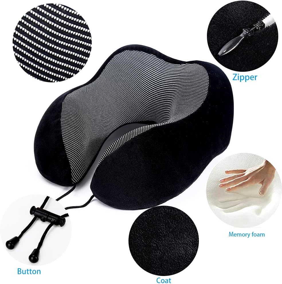ZHCHG 2 Pack Travel Pillow, Best Memory Foam Neck Pillow for Airplane, Head Support Comfortable Pillow for Sleeping Rest, Train, Car & Home Use -Black