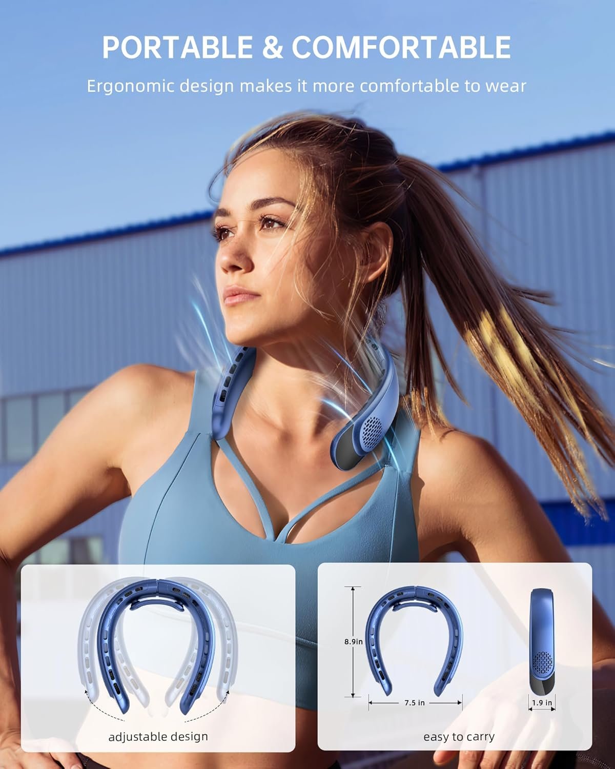Neck Fan Rechargeable 4000mAh with 4 Turbos & LED Display, Portable Personal Cooler for Women Men, 3-Speed Bladeless 360° Cooling Fans, Stylish Gift for Gym/Travel/Office, Deep Blue