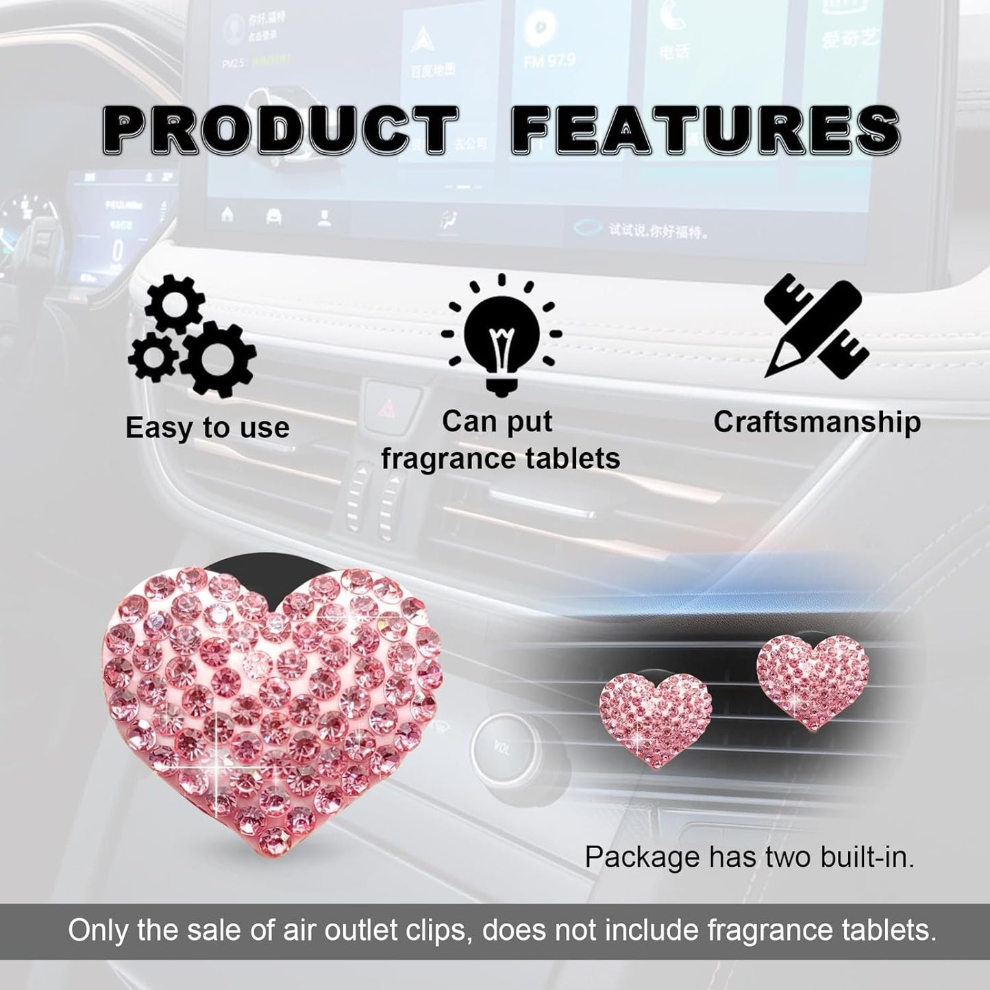 2Pcs Bling Crystal Heart Charms Car Air Vent Clips, Conditioning Outlet Decorative Accessories Universal for Women and Men (Pink)