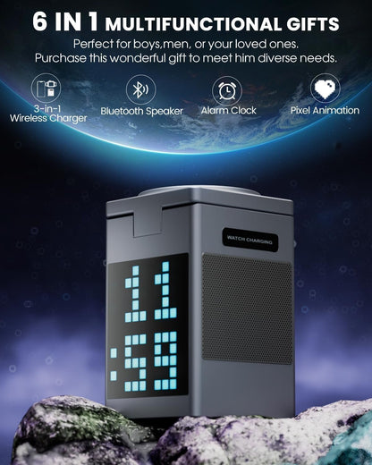 3-in-1 Wireless Charging Station with Bluetooth Speaker and Digital Alarm Clock & Dynamic Pixel Display, Magnetic Charging Station for Fast Charging of Phones, Watch, and Headphones