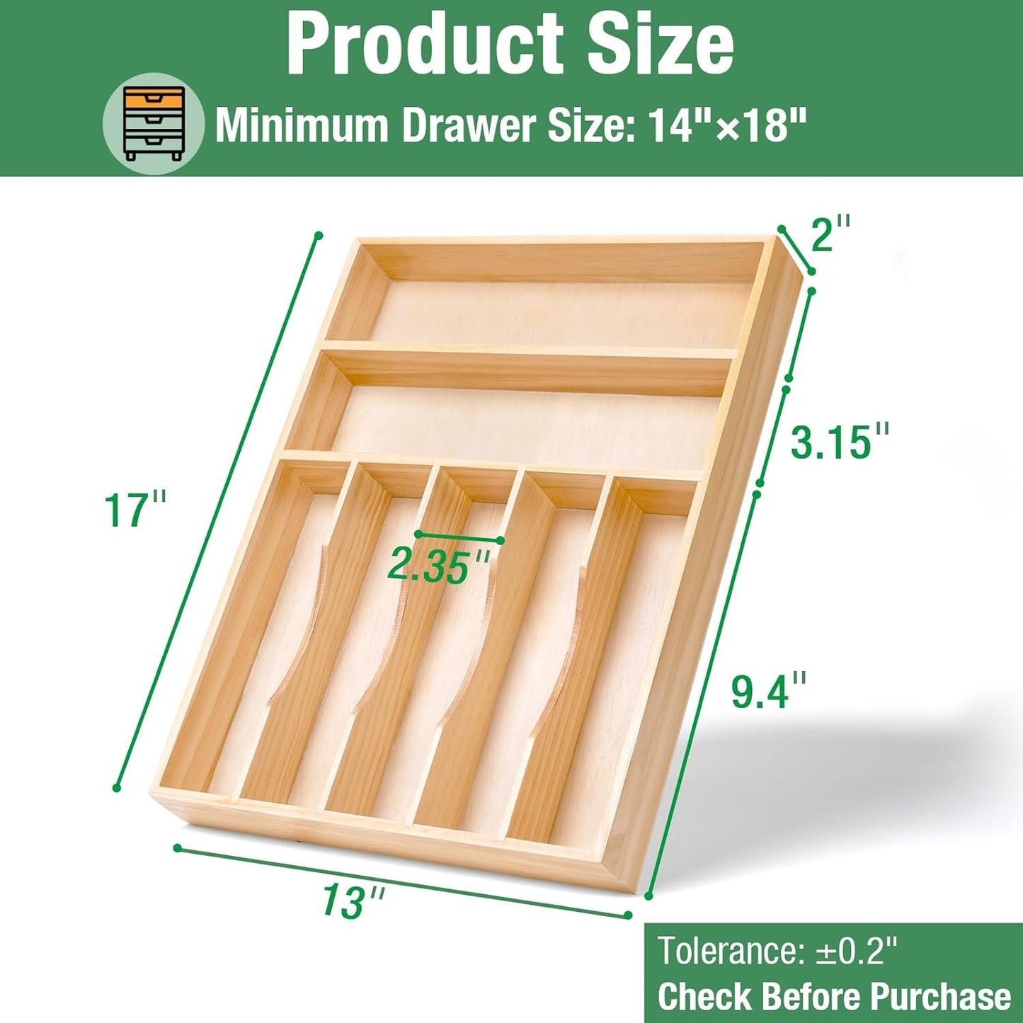 Silverware Organizer, Kitchen Drawer Organizer 13"× 17" Pine Wood Utensil Holder and Cutlery Tray with Grooved Drawer Dividers, 7 Compartment Utensil Tray Wood Caddy for Flatware Forks Spoon, Knives