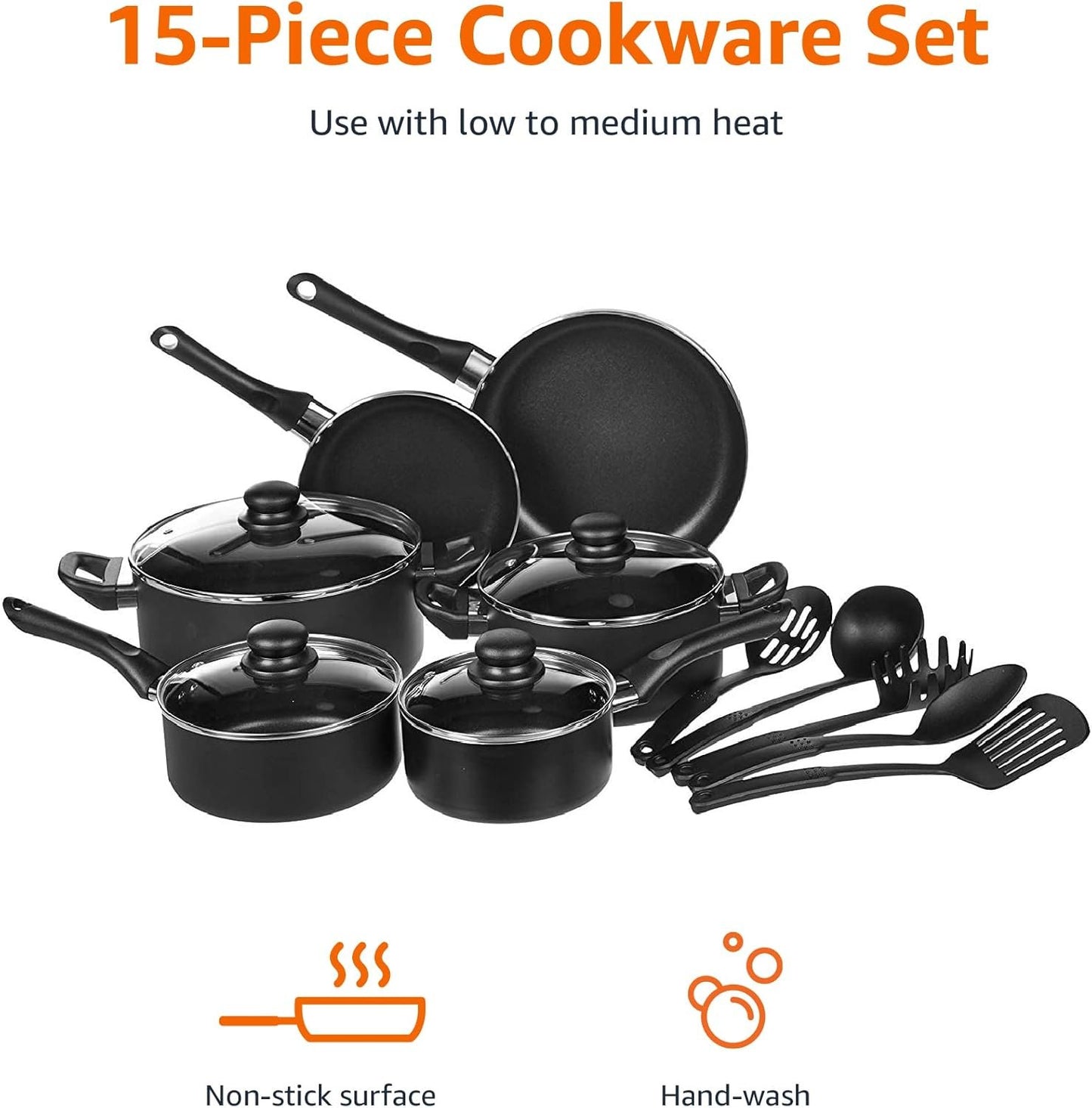 Amazon Basics 15-Piece Non-Stick Kitchen Cookware Set + 6-Piece Nonstick Bakeware Set
