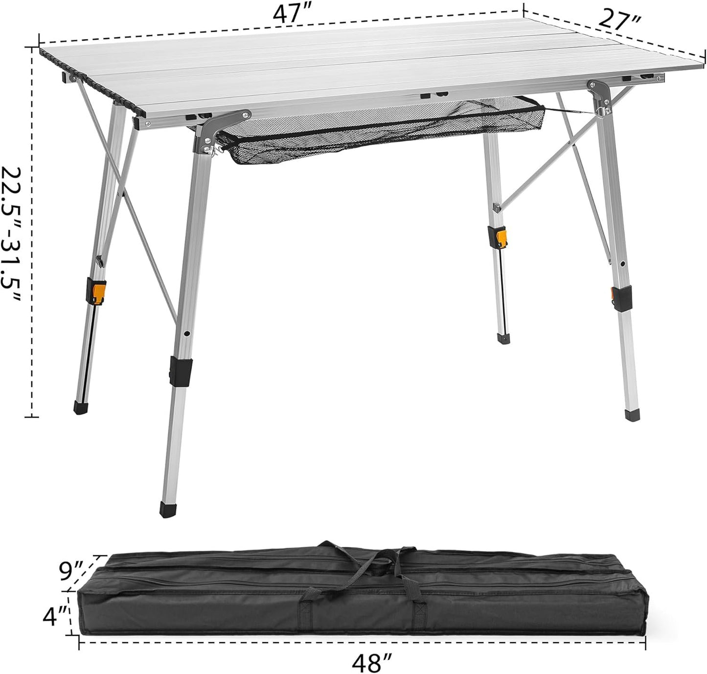 ITHWIU Portable Multi-Functional Camping Liftable Table 47‘’ X 27.5‘’with Aluminum Table Top, Hard-Topped Folding Table with Bag, Suitable for Camping, Picnic, Beach, Dining, Silver