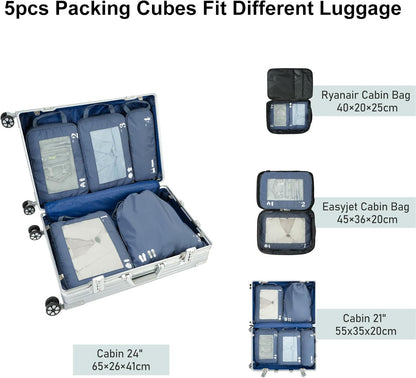 ECOHUB 5 Pieces Organizer Suitcase Compression Space-Saving Travel Accessories Useful Packing Cubes Set Organizer Travel Bags Travel Essentials Kit Air Travel (Pure Blue)