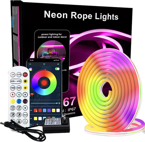 Smart LED Strip 5M/16.4FT Waterproof RGB Neon Rope Light with Bluetooth App Voice Control Music Sync with Alexa Google Assistant for Home