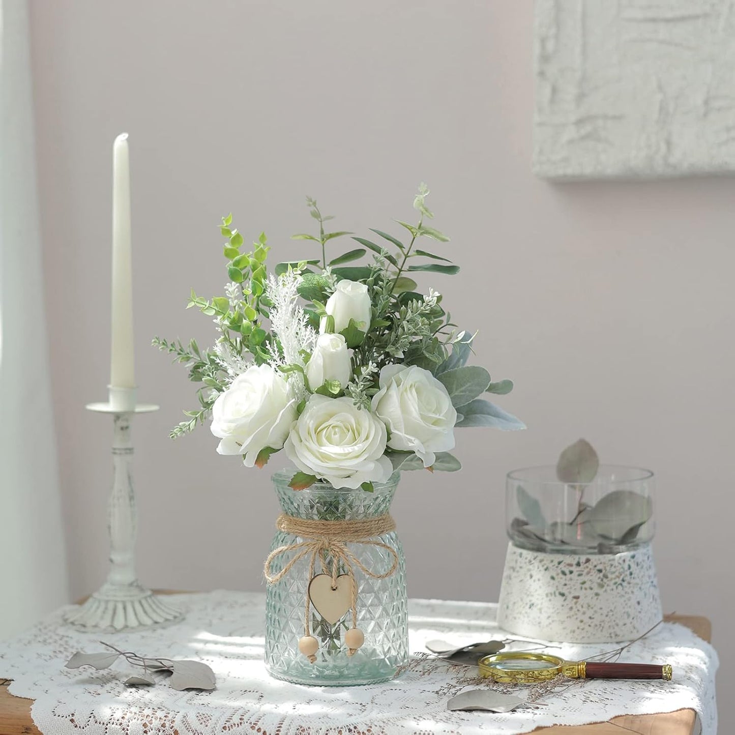 VIERENA Faux Flowers with Vase,Artificial Silk Roses in Vase,Fake Plant Eucalyptus Flower Arrangement for Home Office Farmhouse Bathroom Dining Table Centerpiece Decorations (White),106-HS-BAI