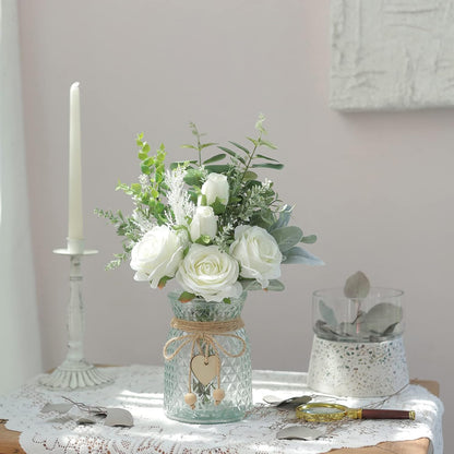 VIERENA Faux Flowers with Vase,Artificial Silk Roses in Vase,Fake Plant Eucalyptus Flower Arrangement for Home Office Farmhouse Bathroom Dining Table Centerpiece Decorations (White),106-HS-BAI