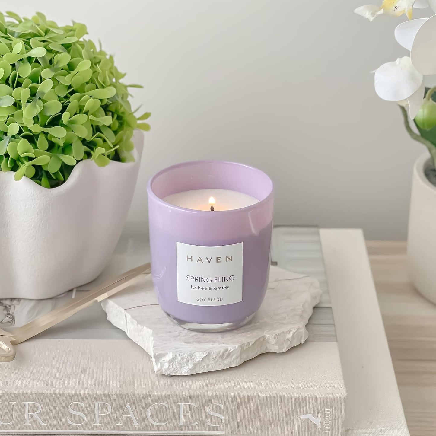 Haven Lychee & Amber Scented Soy Blend Candle - Natural, Non-Toxic, Long-Lasting Burn in Purple Glass Jar for Home Decor & Aromatherapy