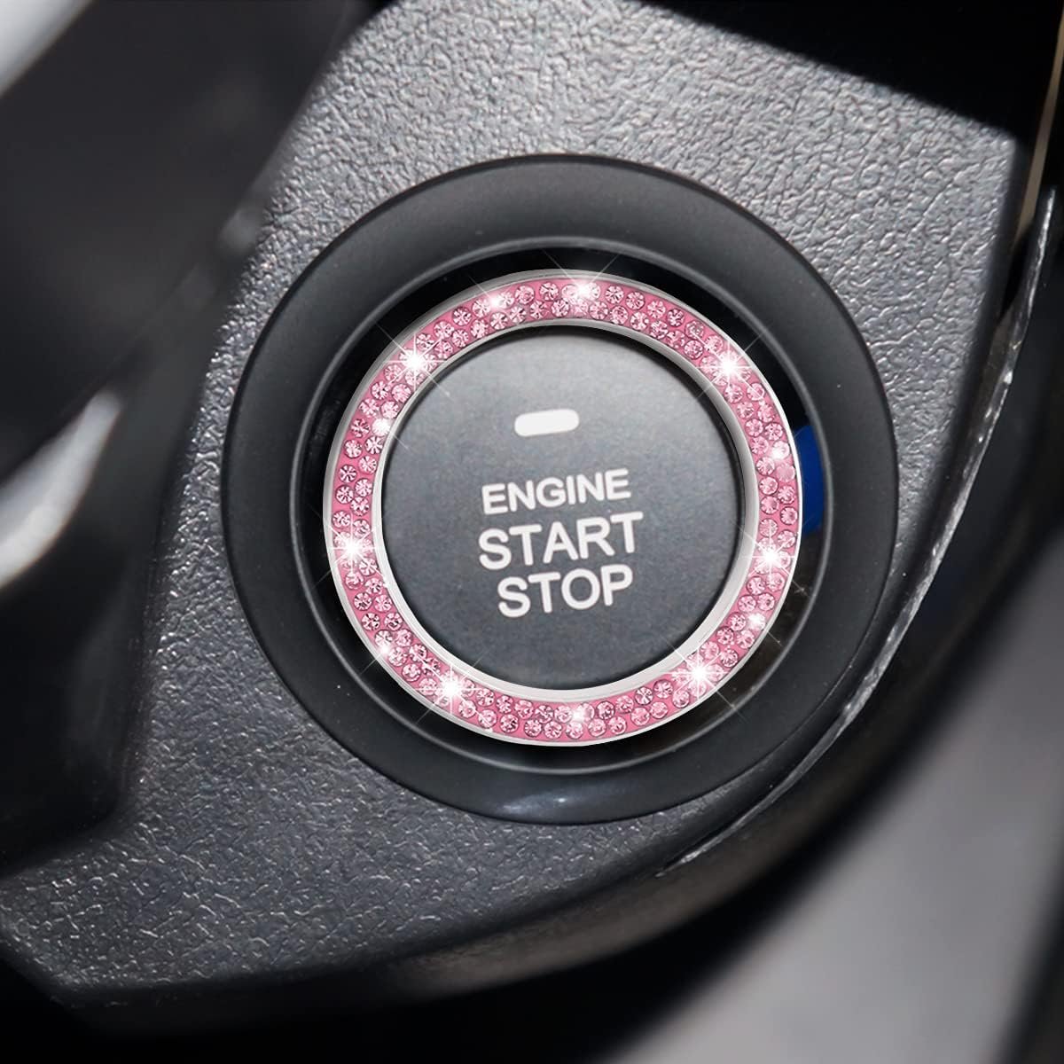 Car Bling Crystal Rhinestone Engine Start Ring Decals, 2 Pack Car Push Start Button Cover/Sticker, Key Ignition Knob Bling Ring, Sparkling Car Interior Accessories for Women (Pink1)