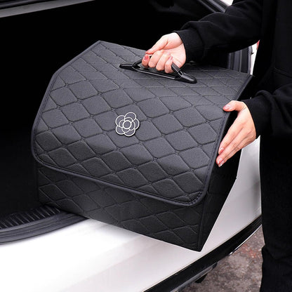 Trunk Organizer for SUV & Sedan, Car Organizers and Storage with Lid Black, Leather Storage Box with Lid, Multi-functional Collapsible Cargo Bins(Large)