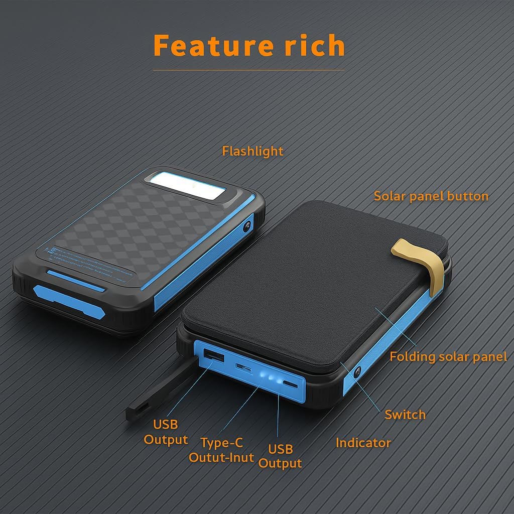 Yukaione 16000mAh Solar Power Bank with LED Light, Foldable 3-Panel Solar Charger, 5W Wireless Charging, USB-C Output, Waterproof Dustproof Shockproof Portable Battery (Blue)