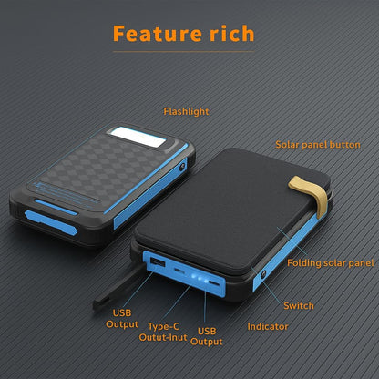 Yukaione 16000mAh Solar Power Bank with LED Light, Foldable 3-Panel Solar Charger, 5W Wireless Charging, USB-C Output, Waterproof Dustproof Shockproof Portable Battery (Blue)