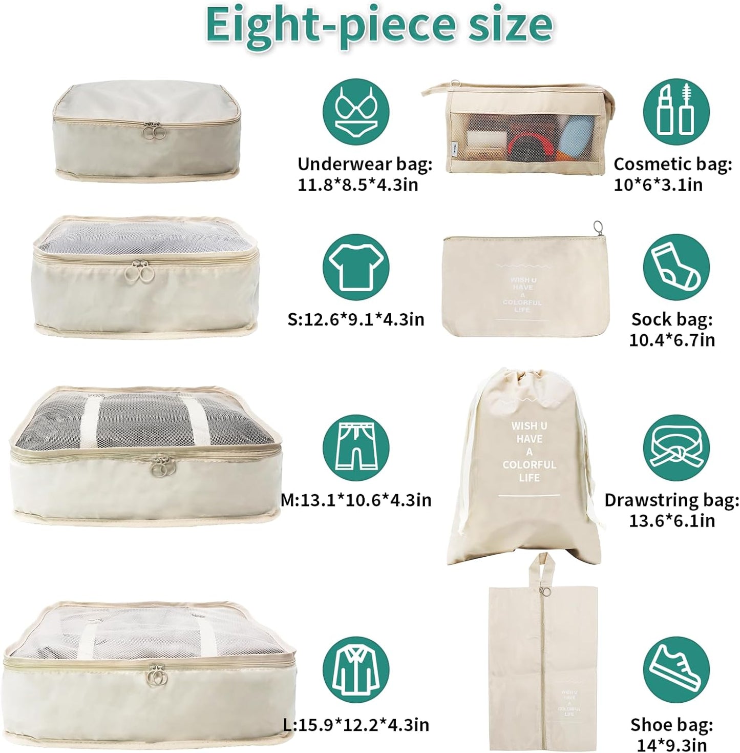 Suitcase Organizer, 8 in 1 Suitcase Organizer, Travel Accessories Organizer, Travel Bag for Clothes, Shoes, Underwear, Cosmetics Packing Cubes Organizer-Beige