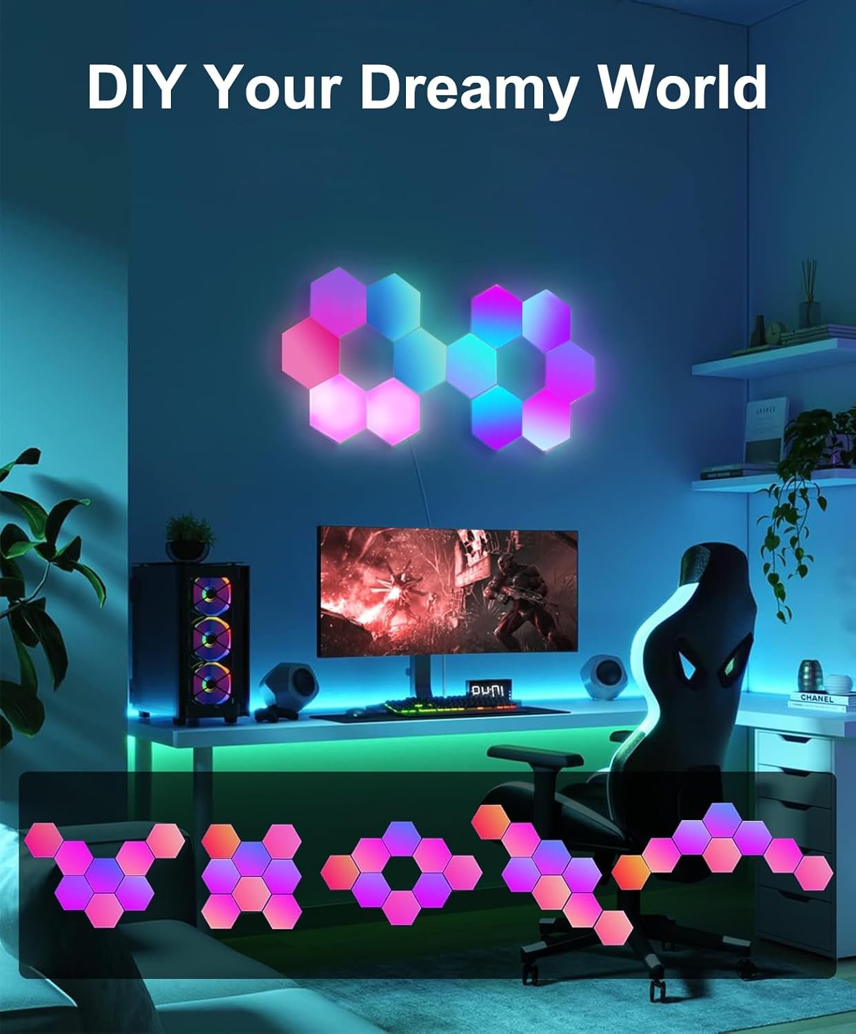 Hexagon LED Lights for Bedroom, Smart Home Gaming LED Wall Lights RGBIC Gaming Room Decor Compatible with Alexa Google Assistant, Voice/App Control, Music Sync, DIY Modular LED Light Panels, 10 Pack