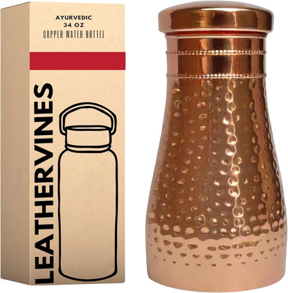 Pure Copper Water Drinking Bottle with Sipper - Copper Hammered Ayurvedic Vessel For Drinking - Drink More Water, Reduce Sugar Intake - Ayurveda Health Benefits - 34 Oz (Loose Lid)